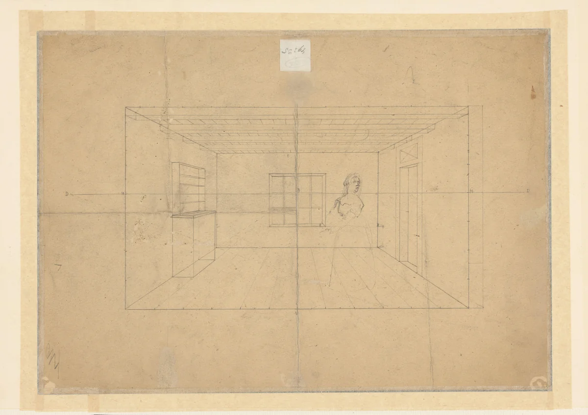 Perspectivische studie van een ruimte, met een staande vrouw by Ludwig Munthe, drawing, 1851-1896