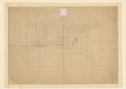 Perspectivische studie van een ruimte, met een staande vrouw by Ludwig Munthe, drawing, 1851-1896