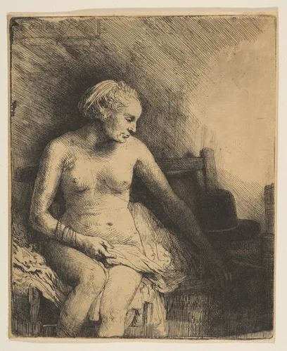 Woman at the Bath with a Hat beside Her by Rembrandt van Rijn, print, 1658
