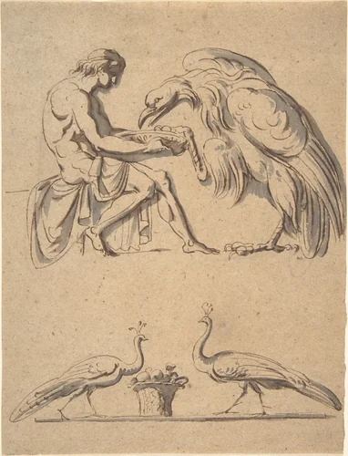 Jupiter, disguised as an eagle, with Ganymede, and a sketch of two peacocks by Nicolai Abraham Abildgaard, drawing, 1763-1809