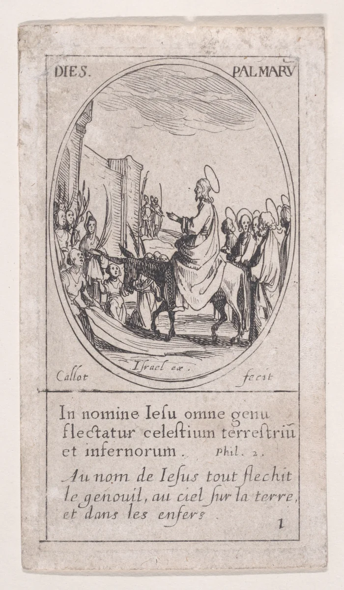 Notre-Seignure fait son entrée dans Jérusalem (Christ Enters Jerusalem), Palm Sunday, scene 1 from Images des Fêtes Mobiles (Images of Moveable Feasts from the Christian Calendar), part of "Les Images De Tous Les Saincts et Saintes de L'Année" (Images of All of the Saints and Religious Events of the Year) by Jacques Callot, print, 1627-1637