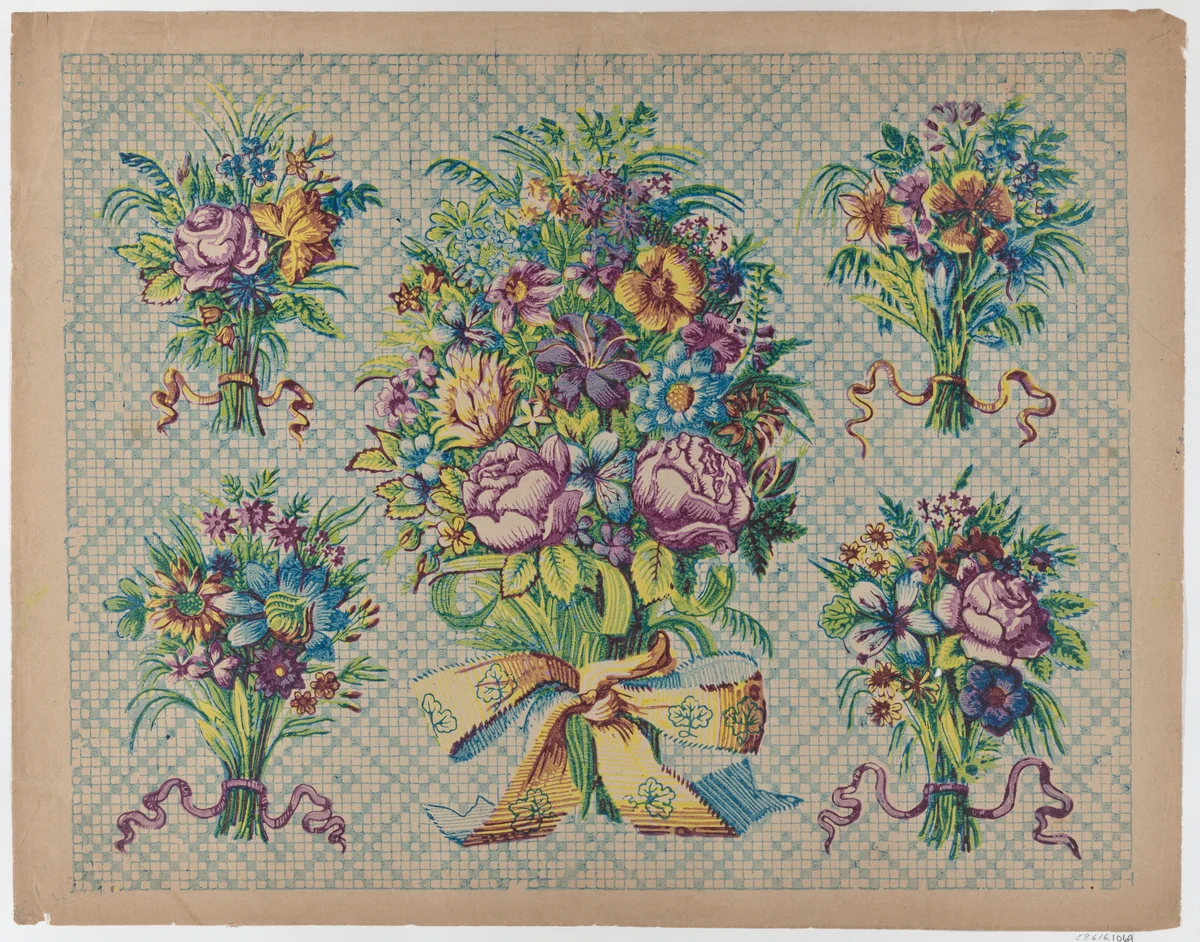 Sheet with five bouquets on a blue checkered background by anonymous, print, 1775-1875