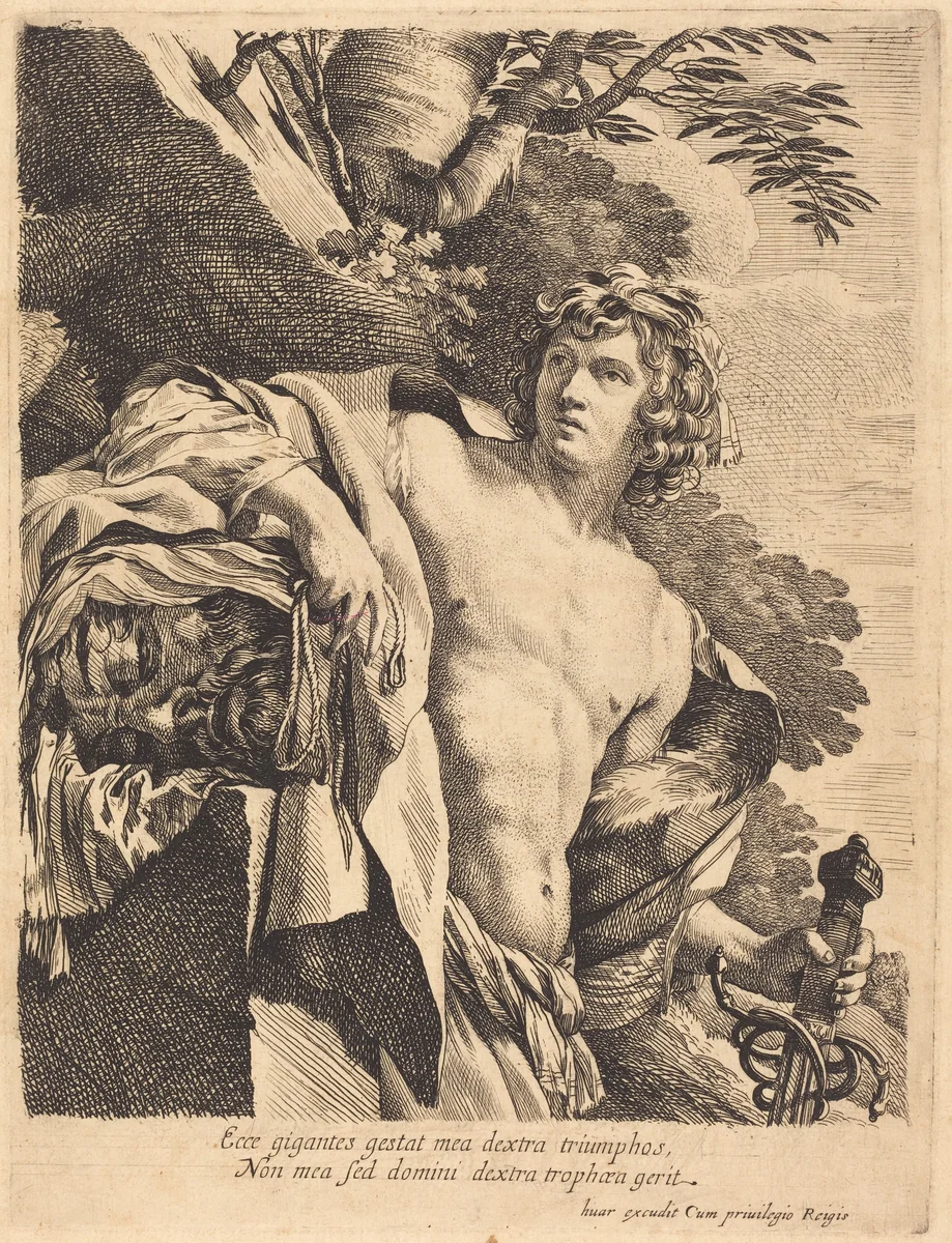 David with the Head of Goliath by Pierre Mignard; Simon Vouet, print, 1612-1695