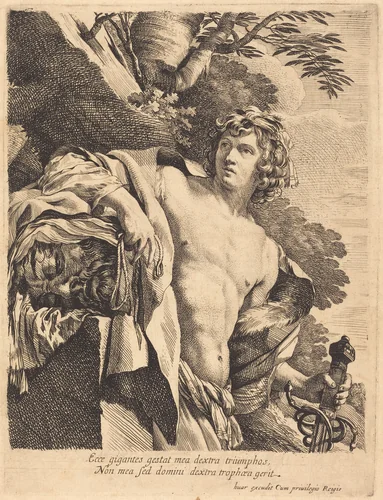 David with the Head of Goliath by Pierre Mignard; Simon Vouet, print, 1612-1695