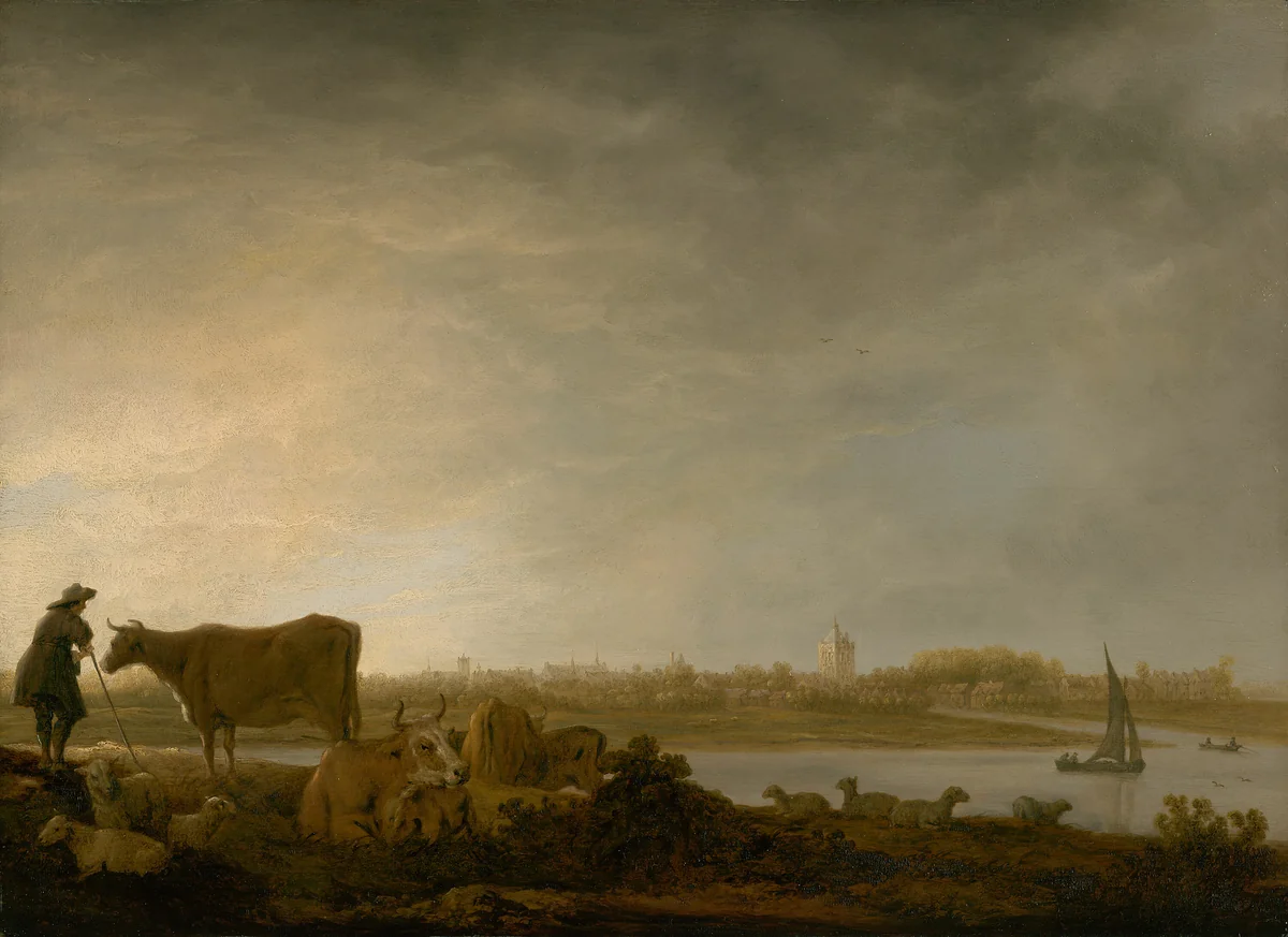 A View of Vianen with a Herdsman and Cattle by a River by Aelbert Cuyp, painting, 1638-1650