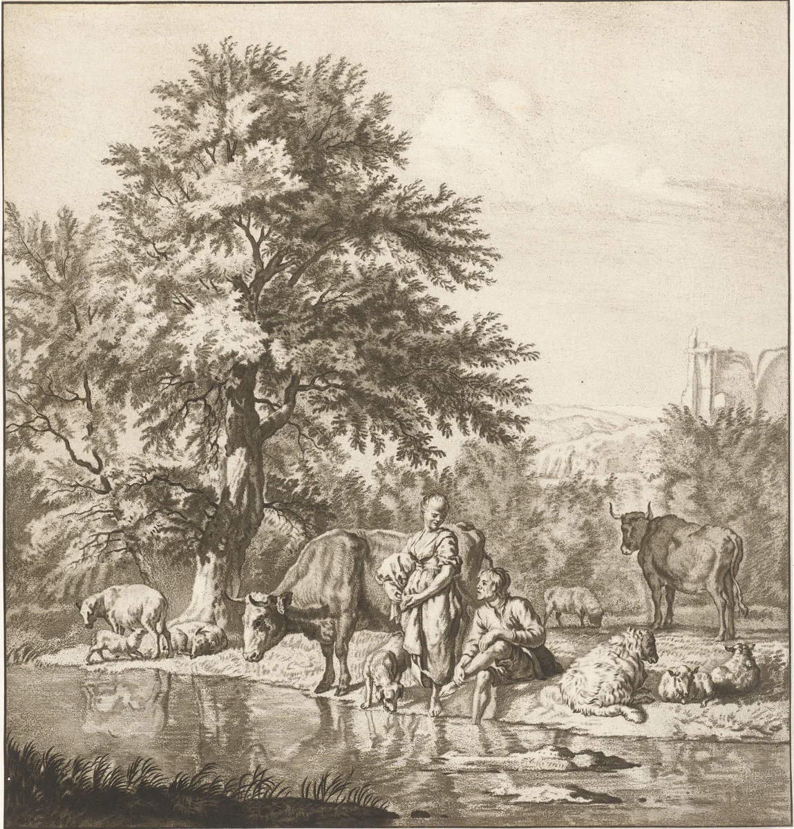 Herder en herderin met kudde bij een rivier by Cornelis Ploos van Amstel, print, 1763
