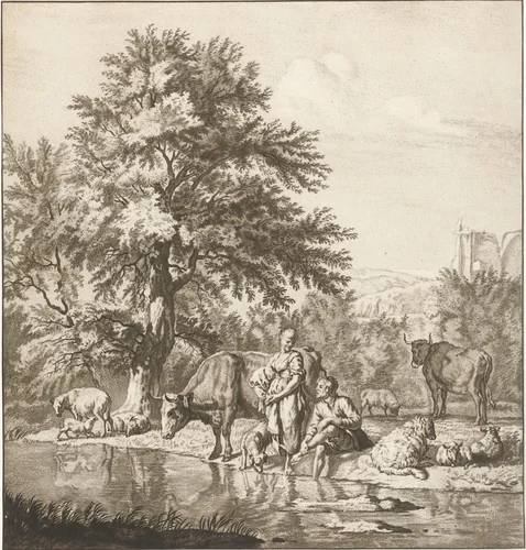 Herder en herderin met kudde bij een rivier by Cornelis Ploos van Amstel, print, 1763