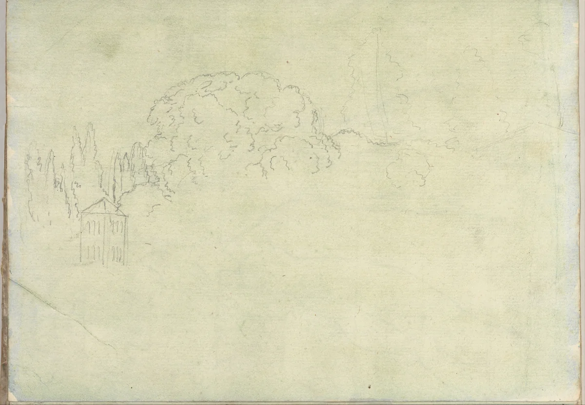Landscape with trees and a tower (Smaller Italian sketchbook, leaf 15 recto) by Joseph Wright, drawing, 1774-1775