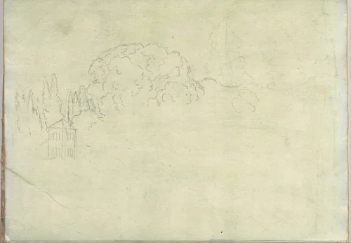 Landscape with trees and a tower (Smaller Italian sketchbook, leaf 15 recto) by Joseph Wright, drawing, 1774-1775