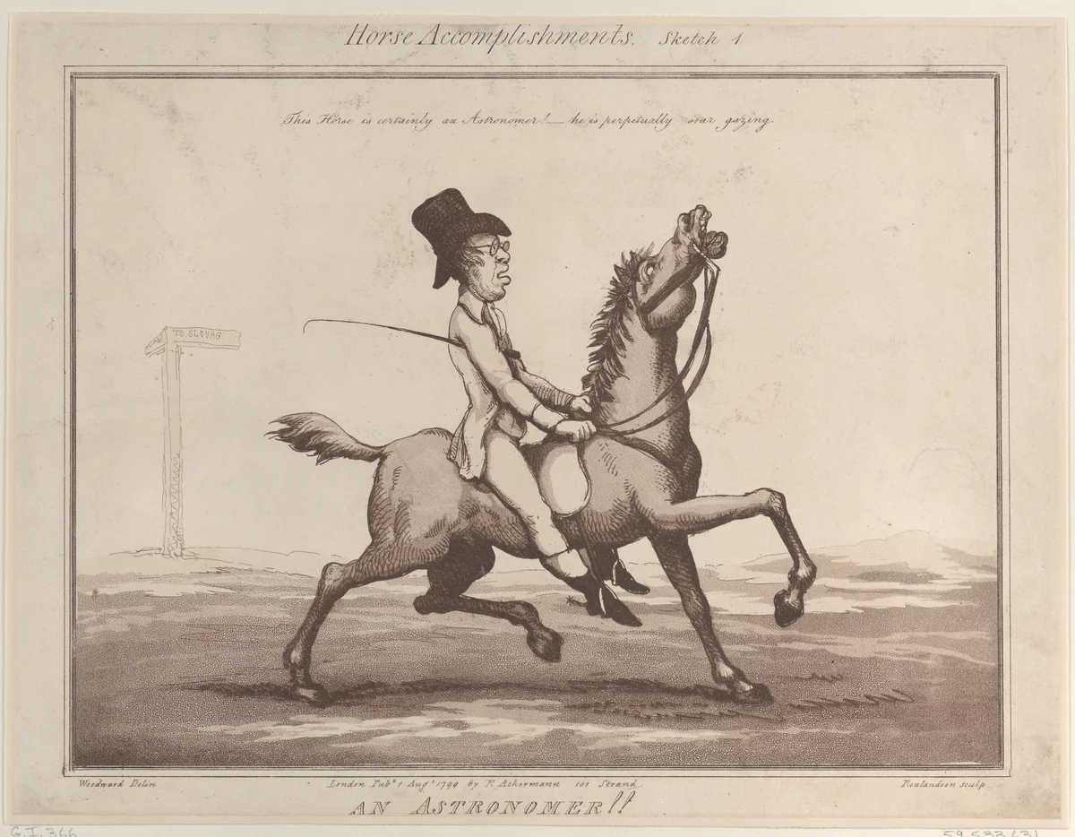Horse Accomplishments, Sketch 1: An Astronomer !! by Thomas Rowlandson, print, 1799