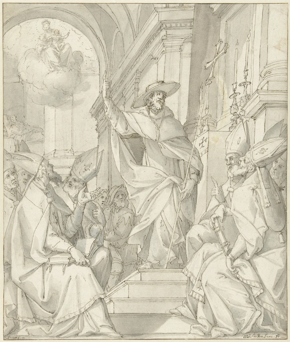 Kardinaal sprekend tot een groep bisschoppen by Giovanni Mauro della Rovere, drawing, 1604