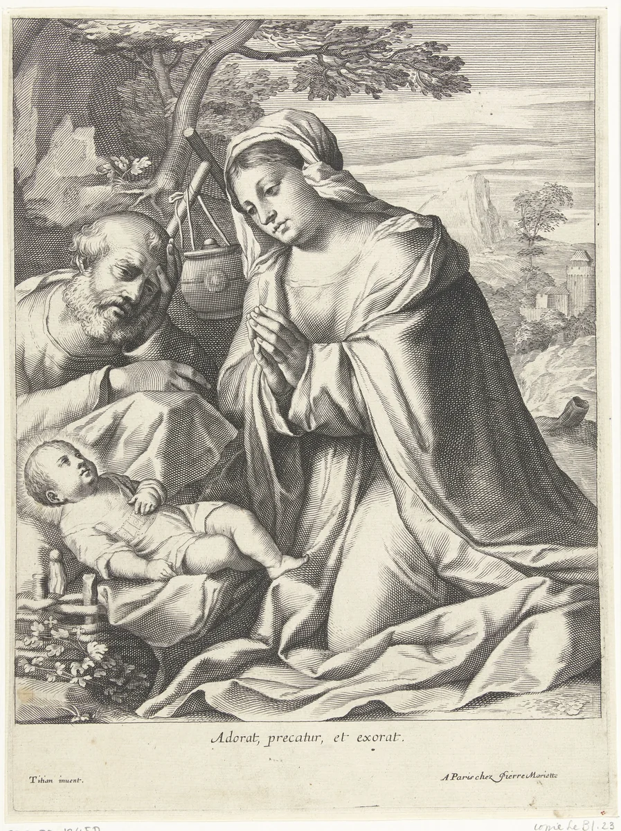 Maria aanbidt het Kind by anonymous, print, 1633-1657