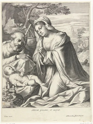 Maria aanbidt het Kind by anonymous, print, 1633-1657