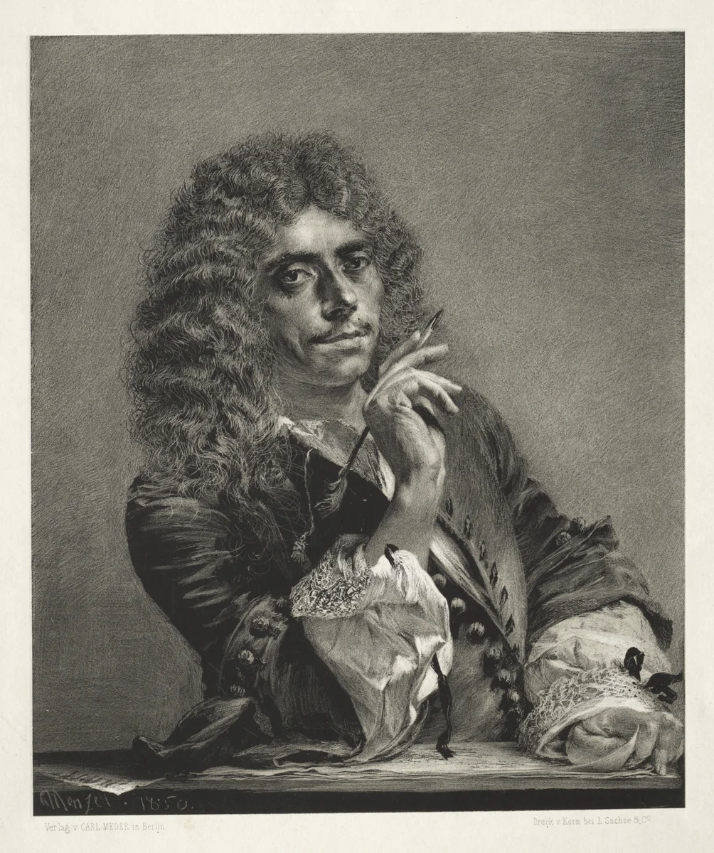Essay on Stone with Brush and Scraper: Portrait of Molière by Adolph von Menzel, print, 1850