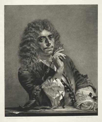 Essay on Stone with Brush and Scraper: Portrait of Molière by Adolph von Menzel, print, 1850