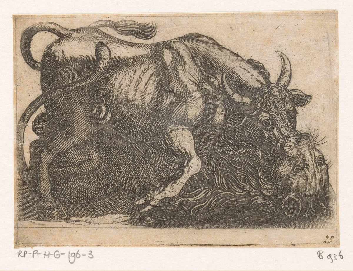 Een stier vechtend met een leeuw by Antonio Tempesta, print, 1600