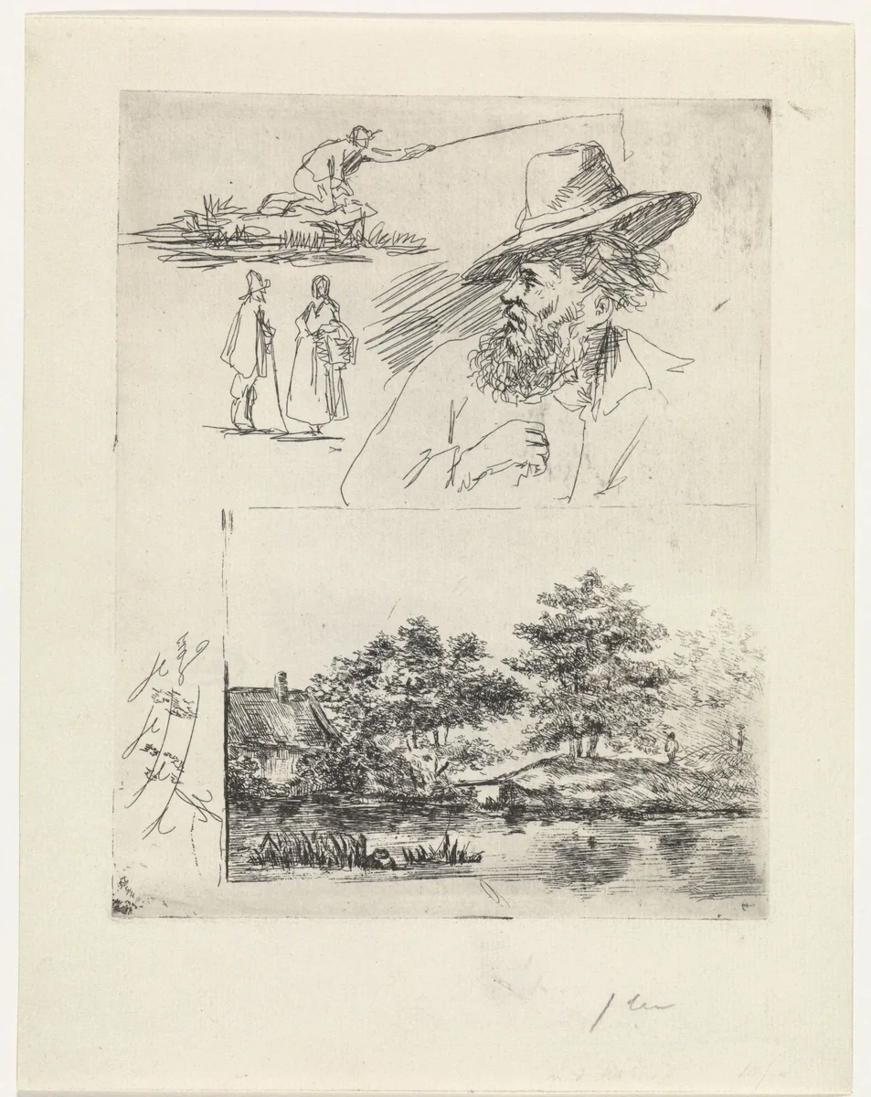 Studieblad met vier figuren en een landschap by Johan Philip van der Kellen, print, 1841-1878