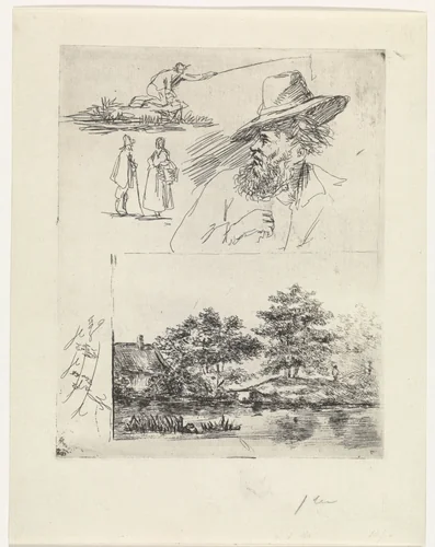 Studieblad met vier figuren en een landschap by Johan Philip van der Kellen, print, 1841-1878