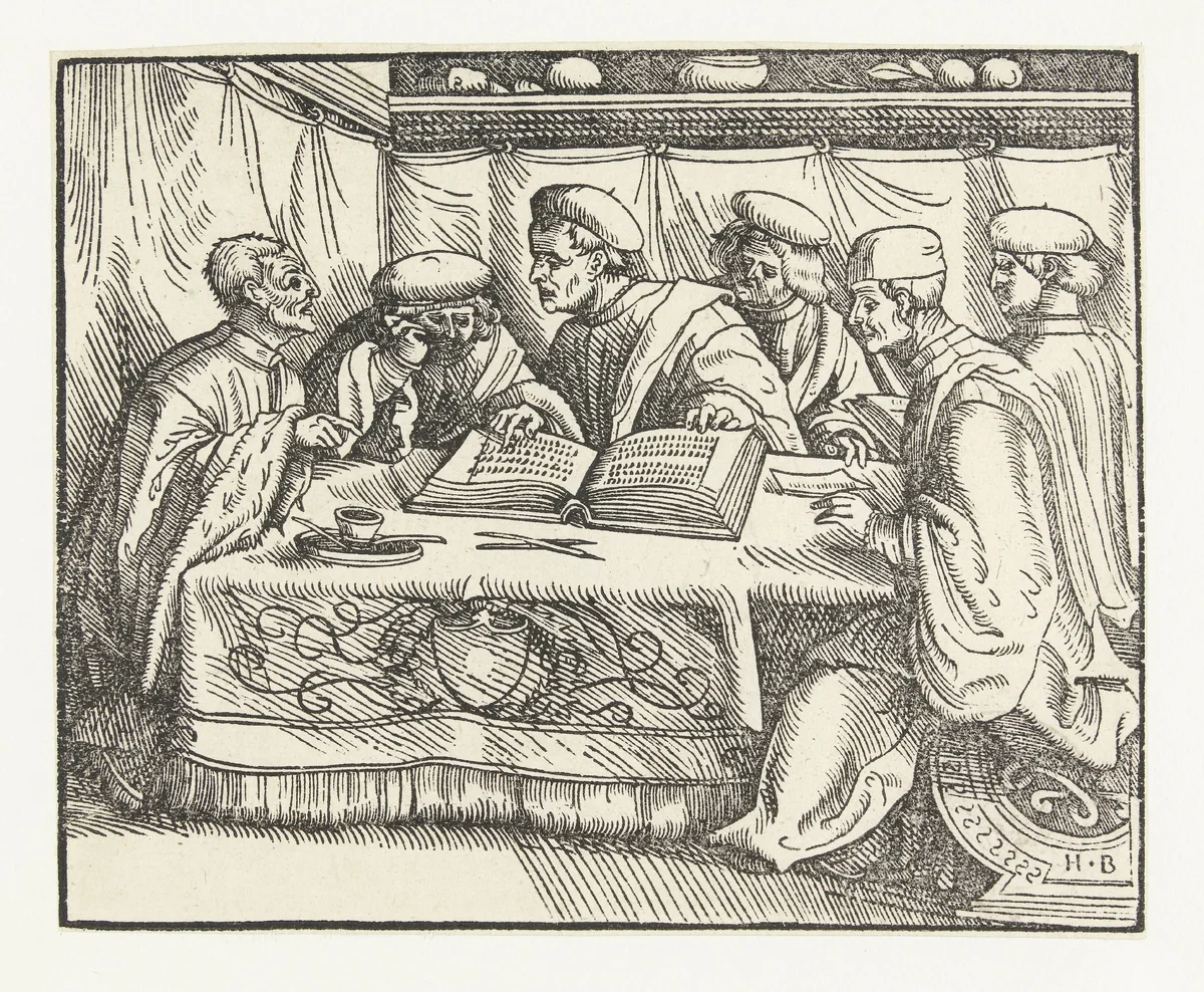Zes geleerden zitten rond een tafel by Unknown, print, 1483-1519