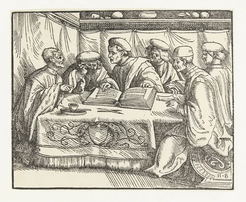 Zes geleerden zitten rond een tafel by Unknown, print, 1483-1519