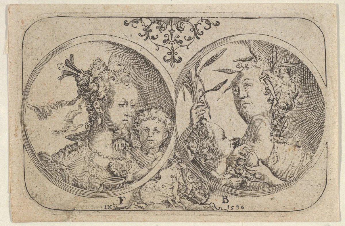 Horizontal Panel with Two Medallions Containing Cupid by Floris Balthasarsz. van Berckenrode, print, 1596-1652