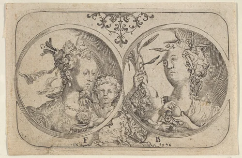 Horizontal Panel with Two Medallions Containing Cupid by Floris Balthasarsz. van Berckenrode, print, 1596-1652