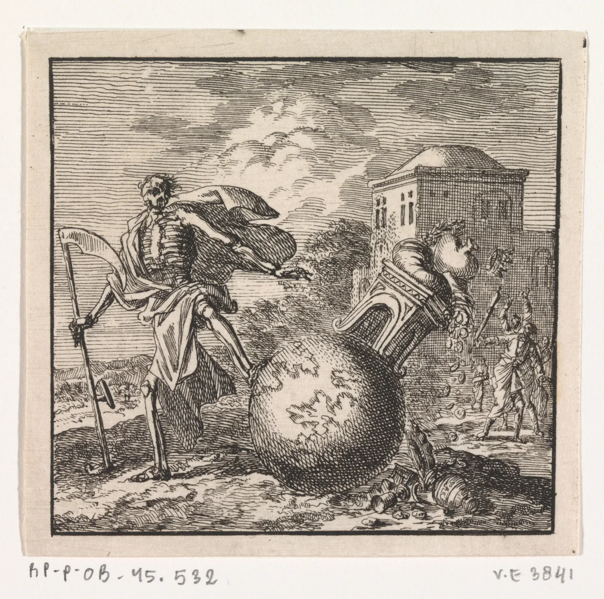 Dood trapt de wereld om by Jan Luyken, print, 1710