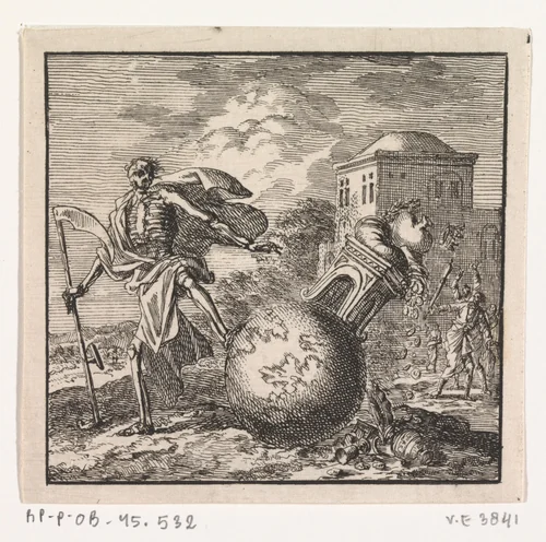 Dood trapt de wereld om by Jan Luyken, print, 1710