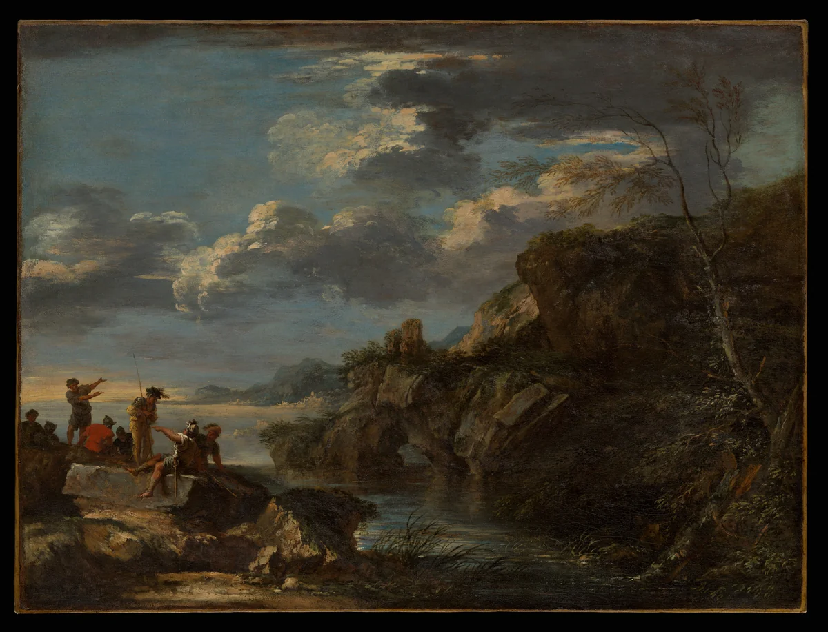Bandits on a Rocky Coast by Salvator Rosa, painting, 1655-1660