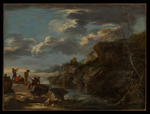 Bandits on a Rocky Coast by Salvator Rosa, painting, 1655-1660
