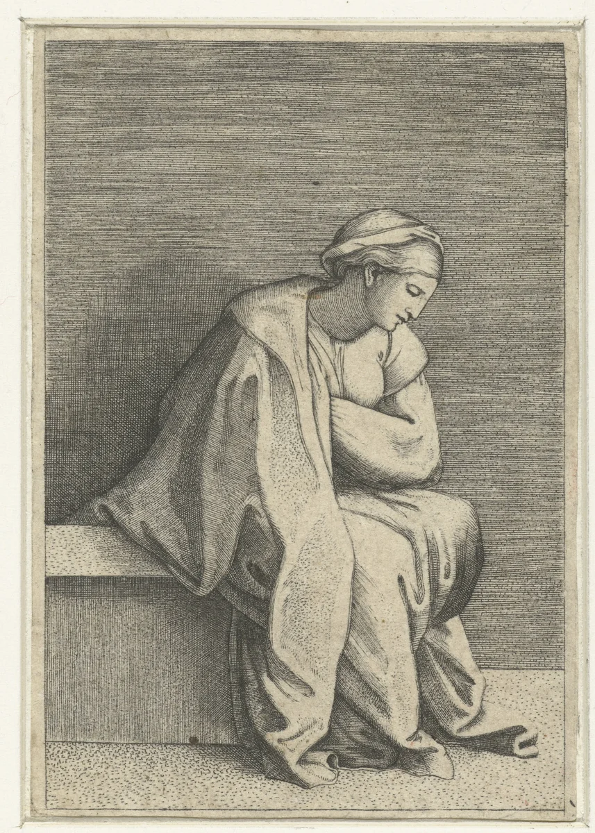 Zittende vrouw in overpeinzing by Marcantonio Raimondi, print, 1510-1527