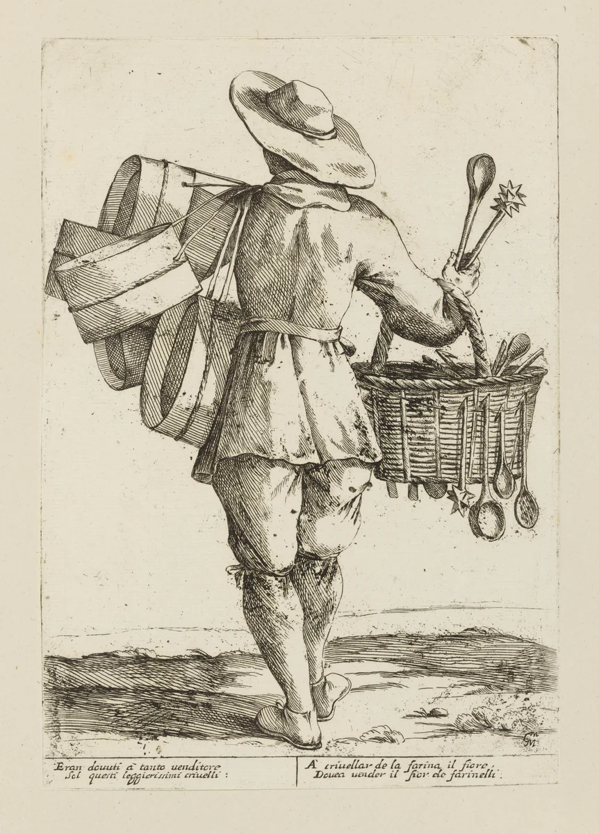 Vendor of Sieves, from Di Bologna l'Arti per via D'An.ibal' Ca.rac, plate 12 by Giuseppe Maria Mitelli, print, 1660