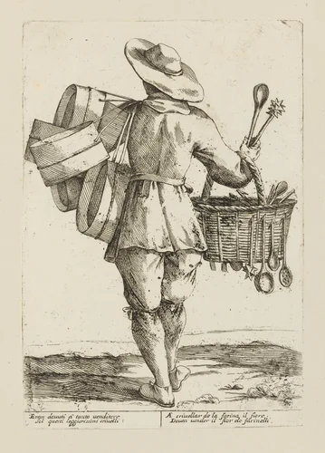 Vendor of Sieves, from Di Bologna l'Arti per via D'An.ibal' Ca.rac, plate 12 by Giuseppe Maria Mitelli, print, 1660