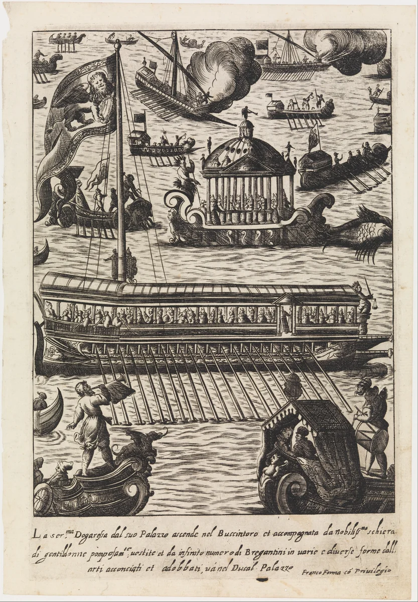 La serenissima Dogaressa dal suo palazzo...Bucintoro from Habiti d'huomeni et donne Venetiane by Giacomo Franco, print, 1605-1615