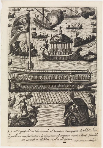 La serenissima Dogaressa dal suo palazzo...Bucintoro from Habiti d'huomeni et donne Venetiane by Giacomo Franco, print, 1605-1615