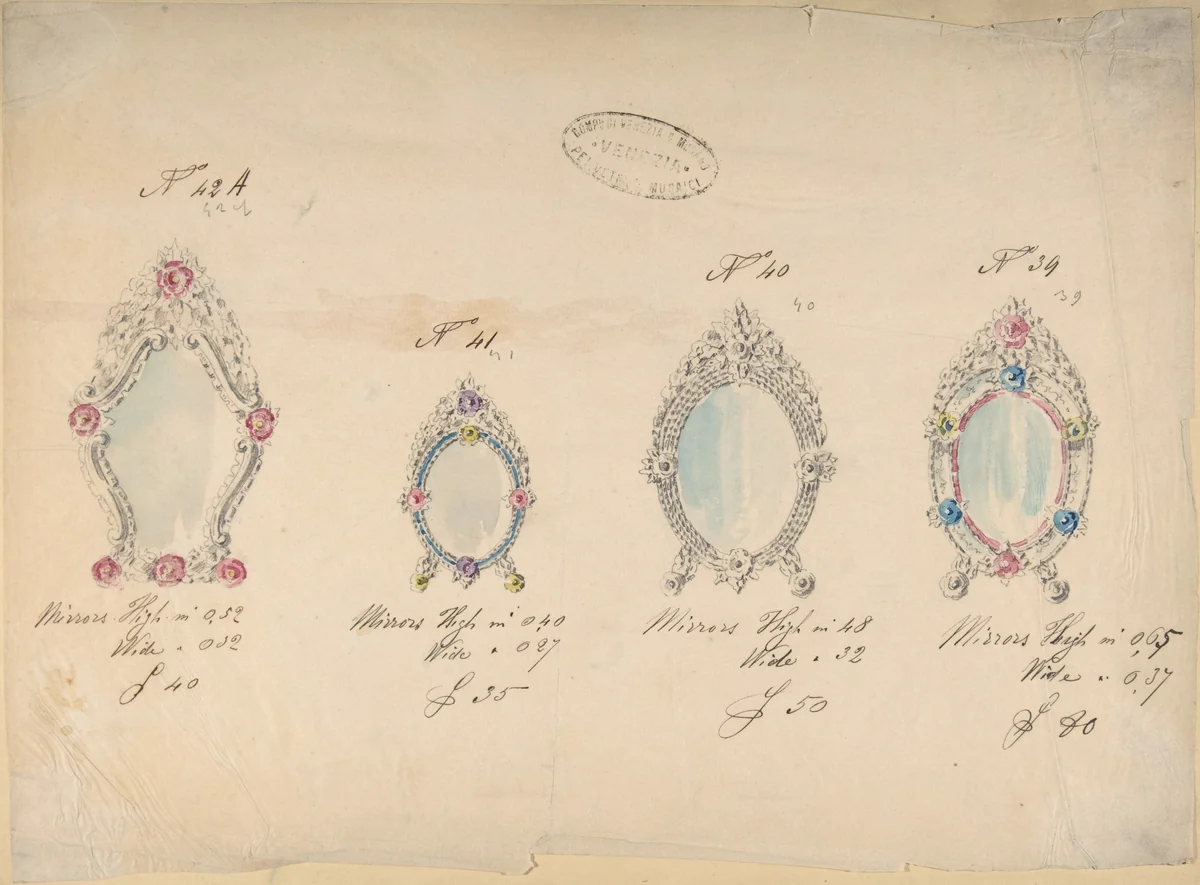 One of Twenty-Three Sheets of Drawings of Glassware (Mirrors, Chandeliers, Goblets, etc.) by Compagnia di Venezia e Murano, drawing, 1850-1880
