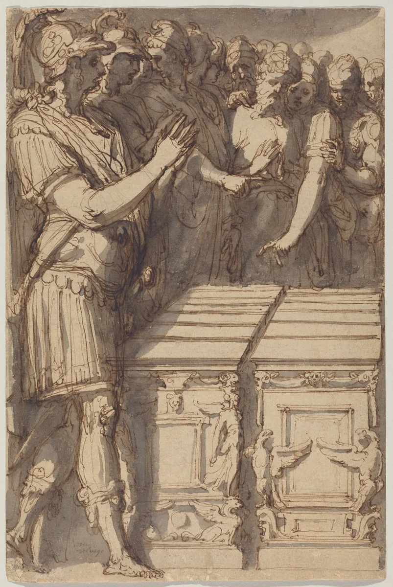 Alexander Consecrating the Altars for the Twelve Olympian Gods by Perino del Vaga, drawing, 1545-1547