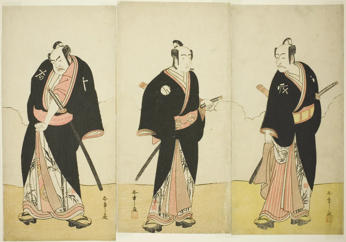 Actors Ichikawa Danjôrô V as Gokuin Sen’emon, Bandô Mitsugorô I as An no Heibei, and Nakamura Sukegorô II as Kaminari Shôkurô in “A Soga Drama on the First Festival Day in the Pleasure District” (“Hatsumombi Kuruwa Soga”) by Katsukawa Shunshô (勝川春章), print, 1775-1785