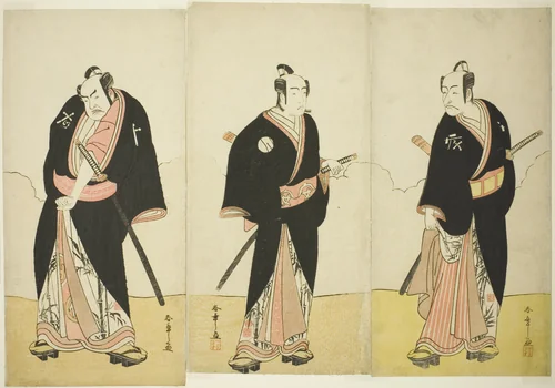 Actors Ichikawa Danjôrô V as Gokuin Sen’emon, Bandô Mitsugorô I as An no Heibei, and Nakamura Sukegorô II as Kaminari Shôkurô in “A Soga Drama on the First Festival Day in the Pleasure District” (“Hatsumombi Kuruwa Soga”) by Katsukawa Shunshô (勝川春章), print, 1775-1785
