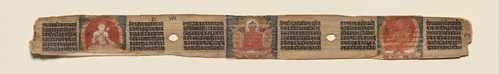 Preaching Amitabha with Avalokiteshvara and Manjushri, folio 186 (verso), from a Manuscript of the Perfection of Wisdom in Eight Thousand Lines (Ashtasahasrika Prajnaparamita-sutra) by Unknown, painting, 1119