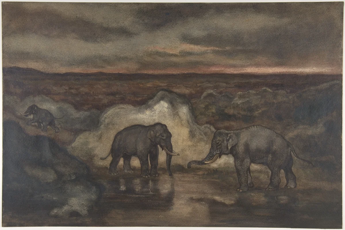 Elephants by a Pool by Antoine-Louis Barye, drawing, 1810-1875