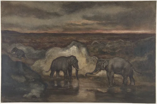 Elephants by a Pool by Antoine-Louis Barye, drawing, 1810-1875