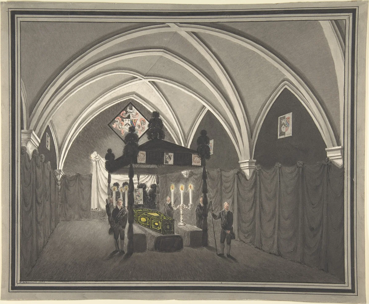 Vaulted Interior with Catalfalque, Coffin and Attendants by Robert Mackreth, drawing, 1822
