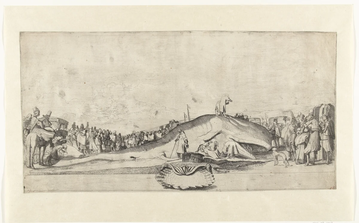 Gestrande walvis bij Noordwijk op 28 december 1614 by Willem Pietersz Buytewech, print, 1615
