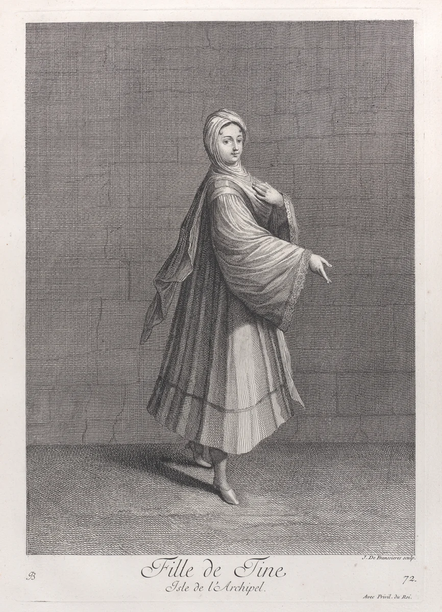 Fille de Tine, Isle de l'Archipel, plate 72 from "Recueil de cent estampes représentent differentes nations du Levant" by Jean Baptiste Vanmour, print, 1714-1715