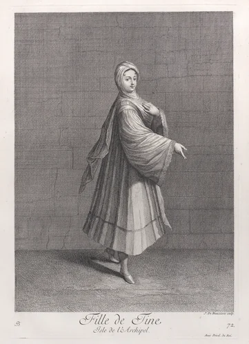 Fille de Tine, Isle de l'Archipel, plate 72 from "Recueil de cent estampes représentent differentes nations du Levant" by Jean Baptiste Vanmour, print, 1714-1715