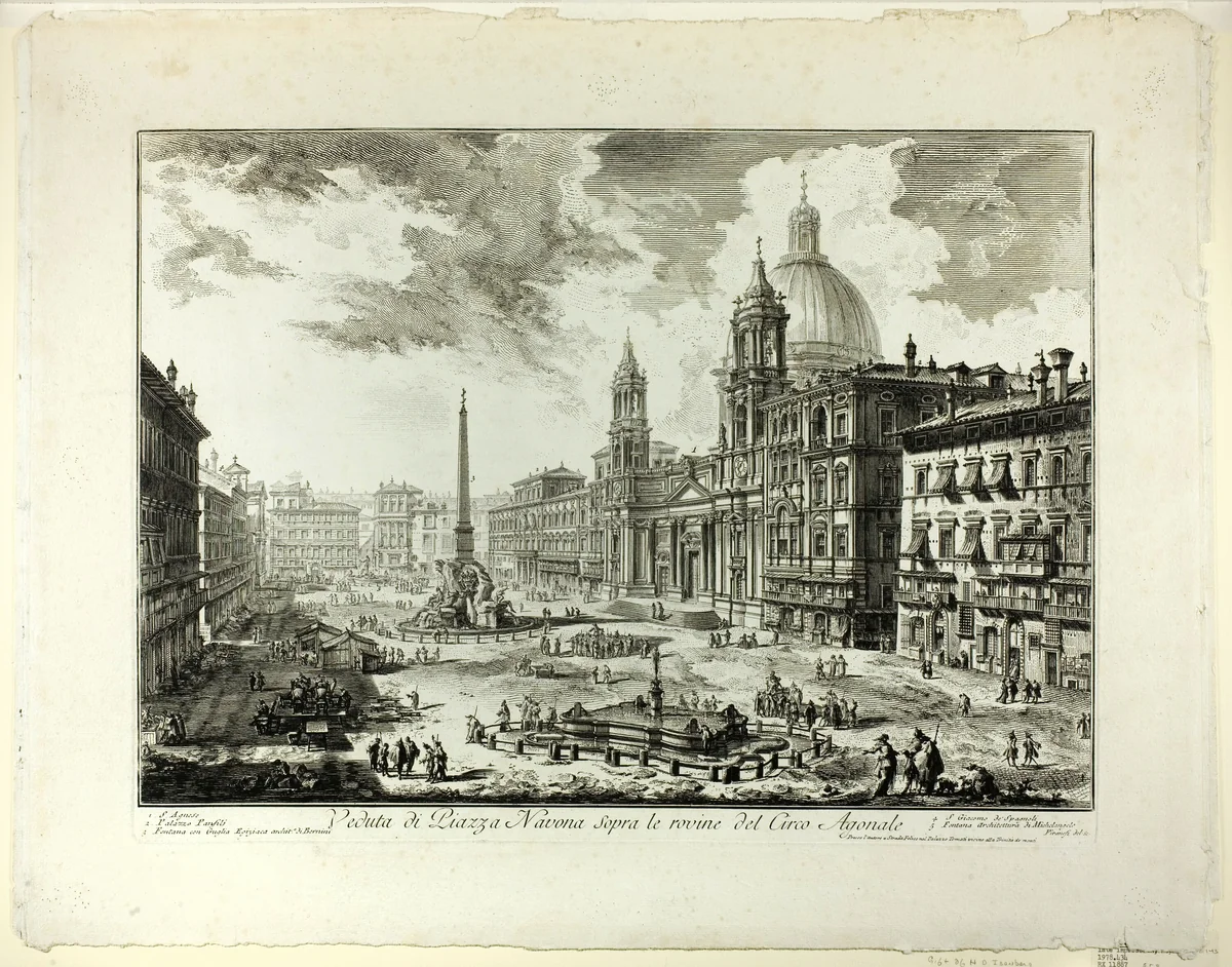 View of Piazza Navona above the ruins of the Circus of Domitian, from Views of Rome by Giovanni Battista Piranesi, print, 1750-1759