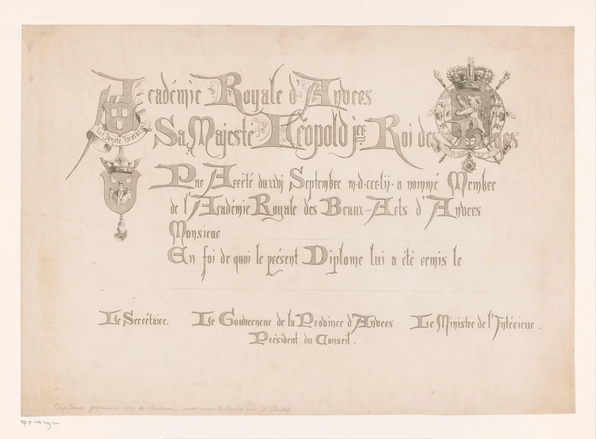 Diploma van de Koninklijke Academie voor Schone Kunsten van Antwerpen by Jean Théodore Joseph Linnig, print, 1825-1891