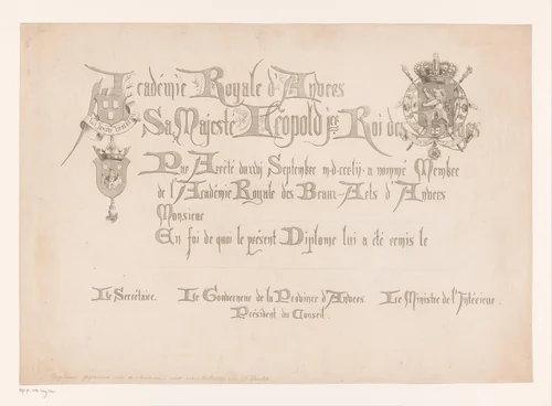 Diploma van de Koninklijke Academie voor Schone Kunsten van Antwerpen by Jean Théodore Joseph Linnig, print, 1825-1891