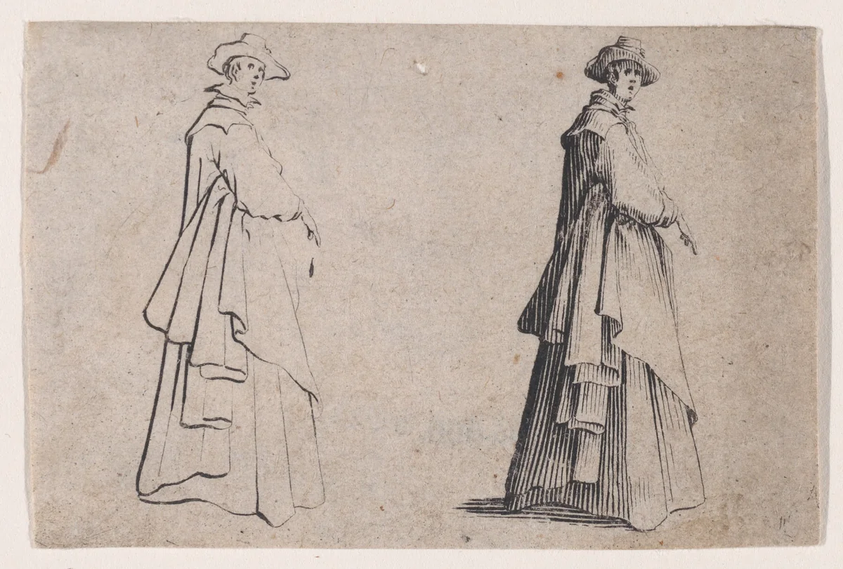La Dame au Vêtement Ample (The Woman with Ample Clothing), from Les Caprices Series B, The Nancy Set by Jacques Callot, print, 1617-1620